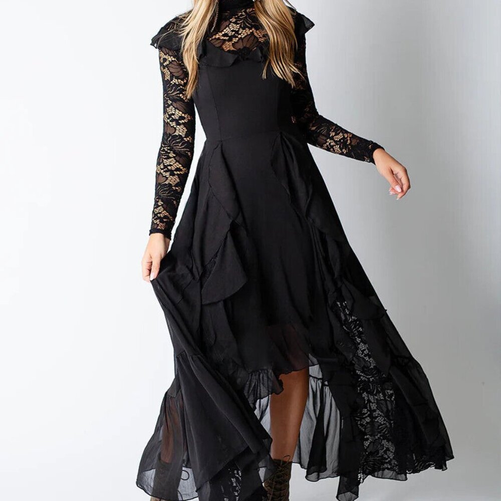 Goth Ruffle Lace Boho Witchy Sveta Dress in Black Sveta